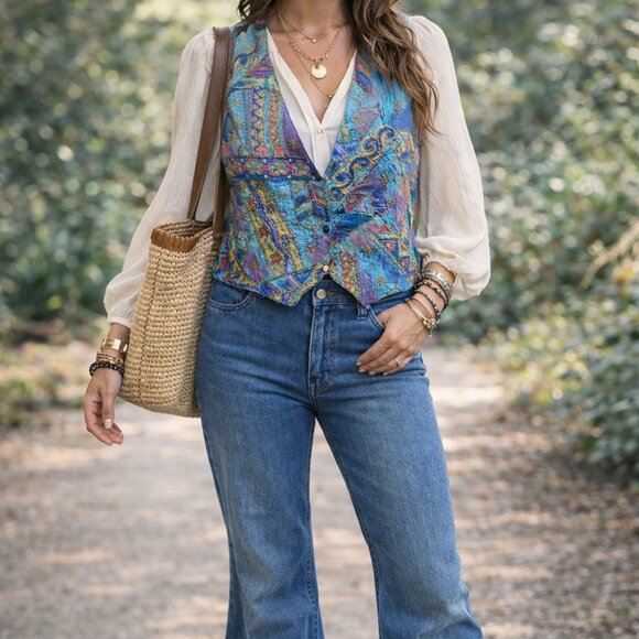 Vintage 90s Daily Planet Beaded Boho Art Vest Size Large - Picture 16 of 16